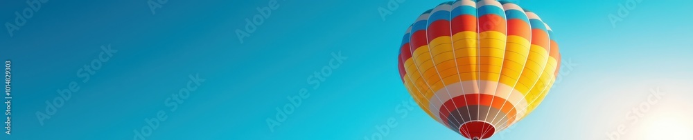 Fototapeta premium A vibrant hot air balloon ascends into a clear blue sky, creating a captivating scene of adventure and tranquility. Perfect for travel themes.