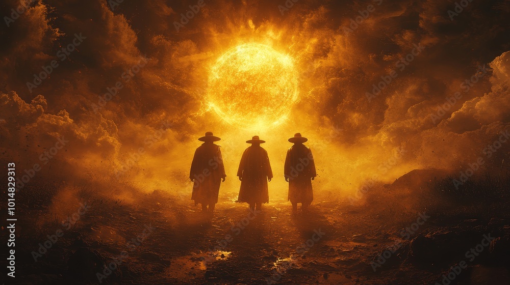 Three men are walking in a desert with a large sun in the background