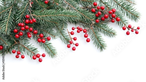 Christmas composition flatlay. Spruce branches, red berries on white background with space for text