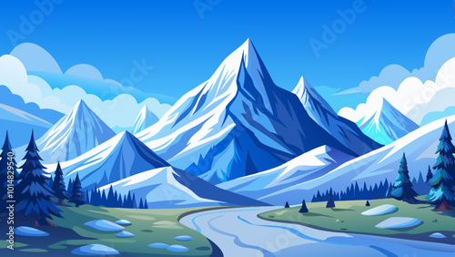 Towering Snow-Covered Mountains Under Clear Blue Sky. Perfect for: Christmas, New Year's Eve, Winter Solstice, winter vacations, ski resorts, mountain retreats
