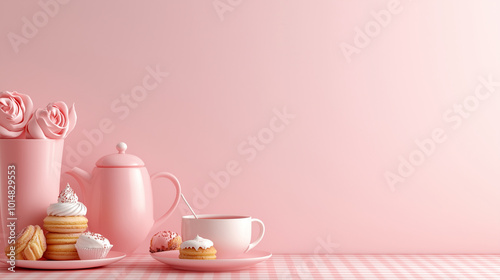 delightful pink themed tea setting featuring teapot, cup, and assortment of pastries, complemented by elegant rose decorations. This charming arrangement evokes sense of warmth and sweetness photo