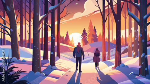 Two People Walking Through Snow-Covered Forest at Sunset. Perfect for: Christmas, New Year's Eve, Winter Solstice, nature parks, woodland trails