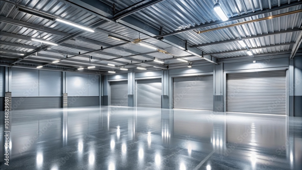 Obraz premium Interior view of empty garage with metallic floor and lighting, garage, interior, empty, metallic, surface, floor