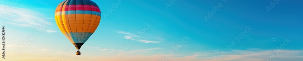Fototapeta premium A vibrant hot air balloon floats gracefully in a clear blue sky, creating a beautiful scene perfect for showcasing adventure and freedom. Ideal for travel themes.