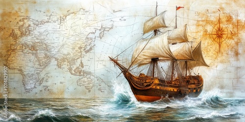 [Columbusâ€™ ship Santa Maria in full sail, surrounded by intricate map markings and ocean waves], on a white background, high resolution, high detail,  photo