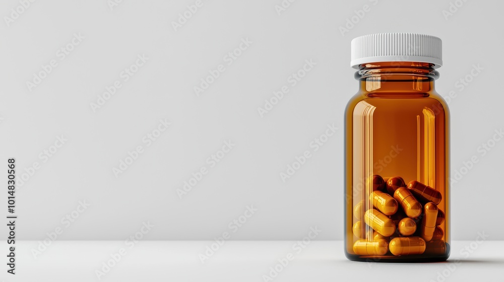 Brown Bottle with Dietary Capsules Isolated on White Background Brown Bottle with Dietary Capsules Isolated on White Background