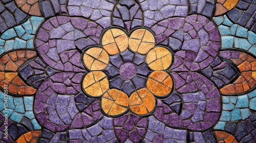 A close-up of a detailed purple mosaic design, with intricate tiles forming a symmetrical and colorful pattern.