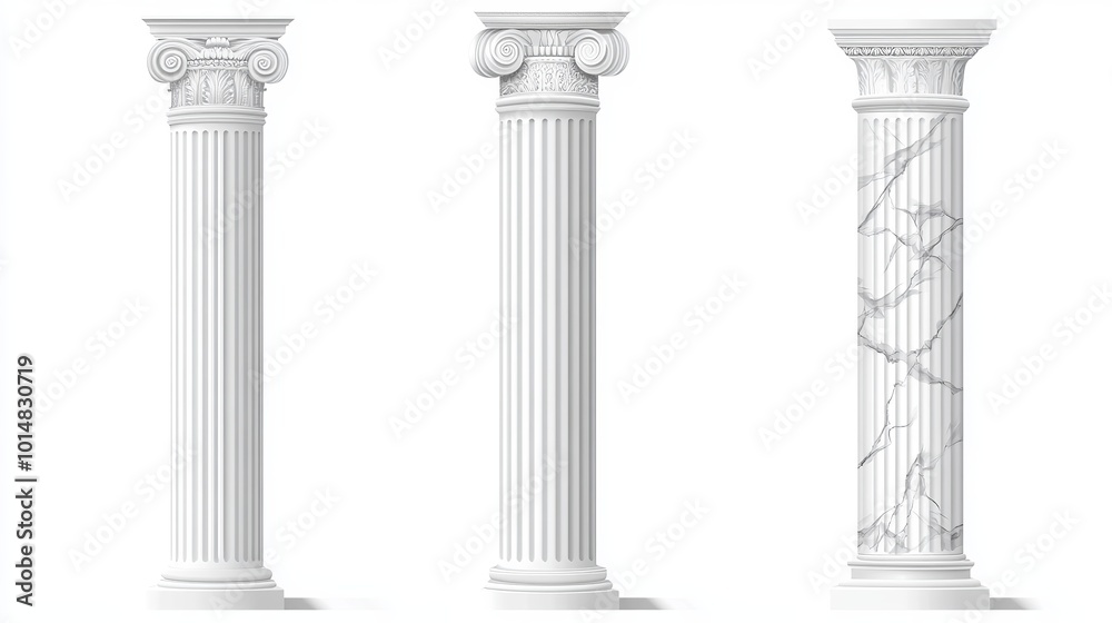 Realistic Vector Marble Antique Columns and Pillars with Ornate Capitals: Roman and Greek Architecture Elements Featuring Classic Fluted Stonework for Temples and Ancient Buildings Realistic Vector Marble Antique Columns and Pillars with Ornate Capitals: Roman and Greek Architecture Elements Featuring Classic Fluted Stonework for Temples and Ancient Buildings