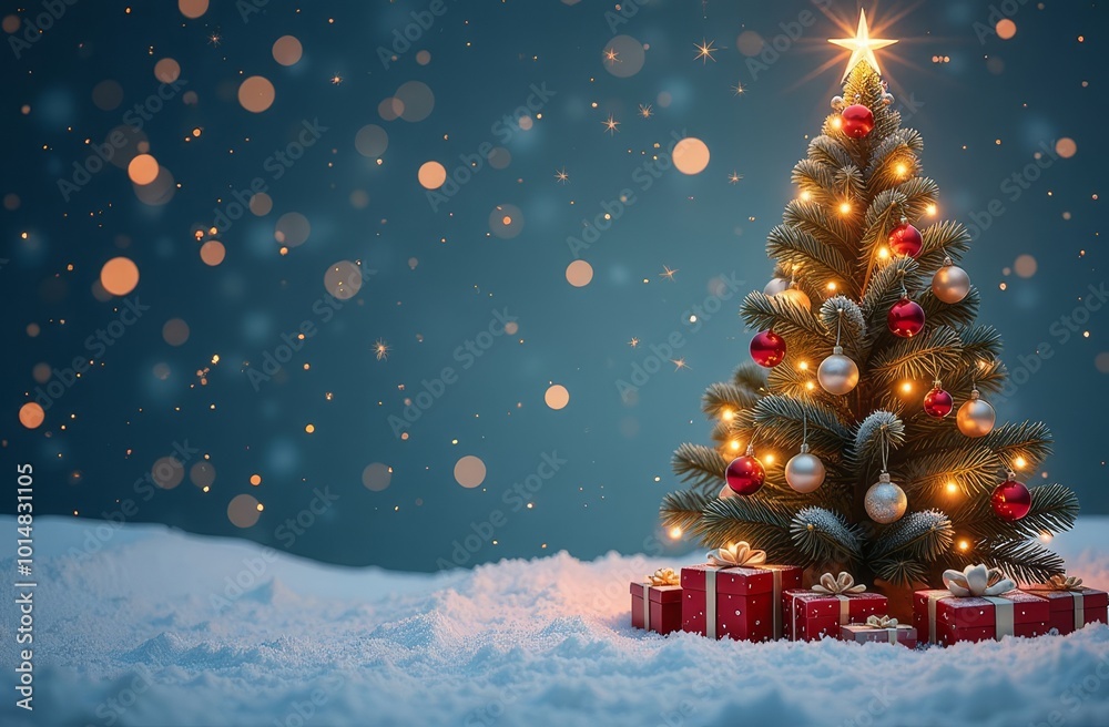Obraz premium Christmas tree with gifts box on Christmas festive background with copy space