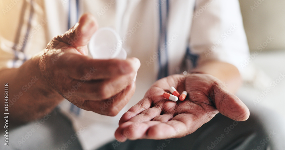 Hands, capsule and bottle in closeup for person with drugs, routine and schedule for health in home. Elderly patient, pills and pharma product for supplements, wellness and benefits in retirement Hands, capsule and bottle in closeup for person with drugs, routine and schedule for health in home. Elderly patient, pills and pharma product for supplements, wellness and benefits in retirement