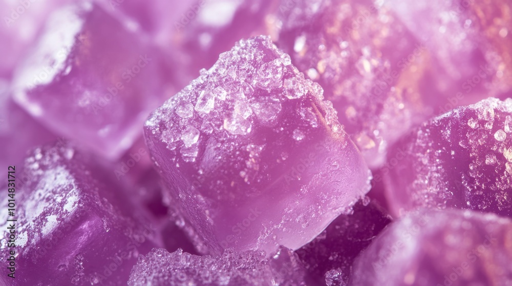 A close-up of a purple jelly candy, with intricate sugar crystals sparkling under soft light. A close-up of a purple jelly candy, with intricate sugar crystals sparkling under soft light.