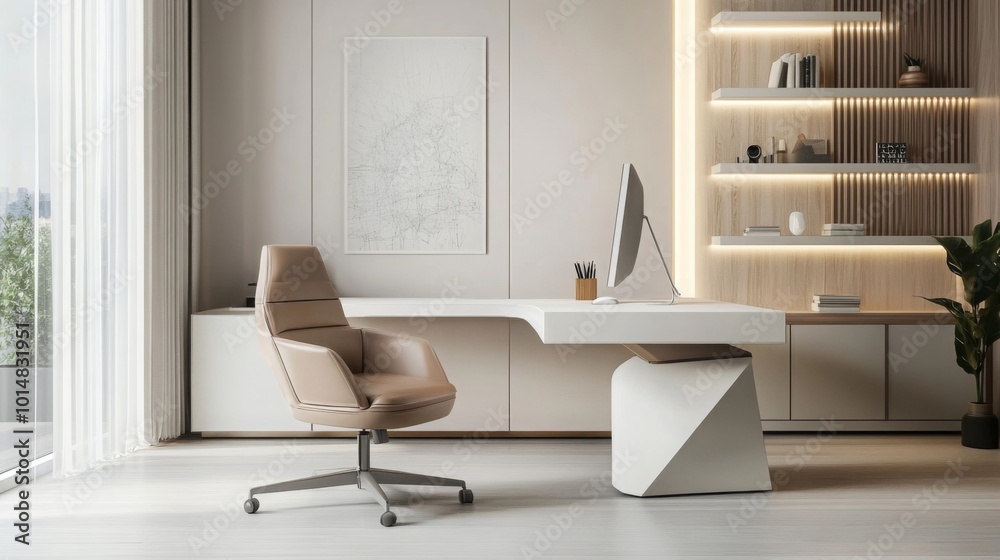 An office chair with a light brown leather seat and a metal base sits in front of a white desk. The desk is curved and has a white surface and white drawers An office chair with a light brown leather seat and a metal base sits in front of a white desk. The desk is curved and has a white surface and white drawers