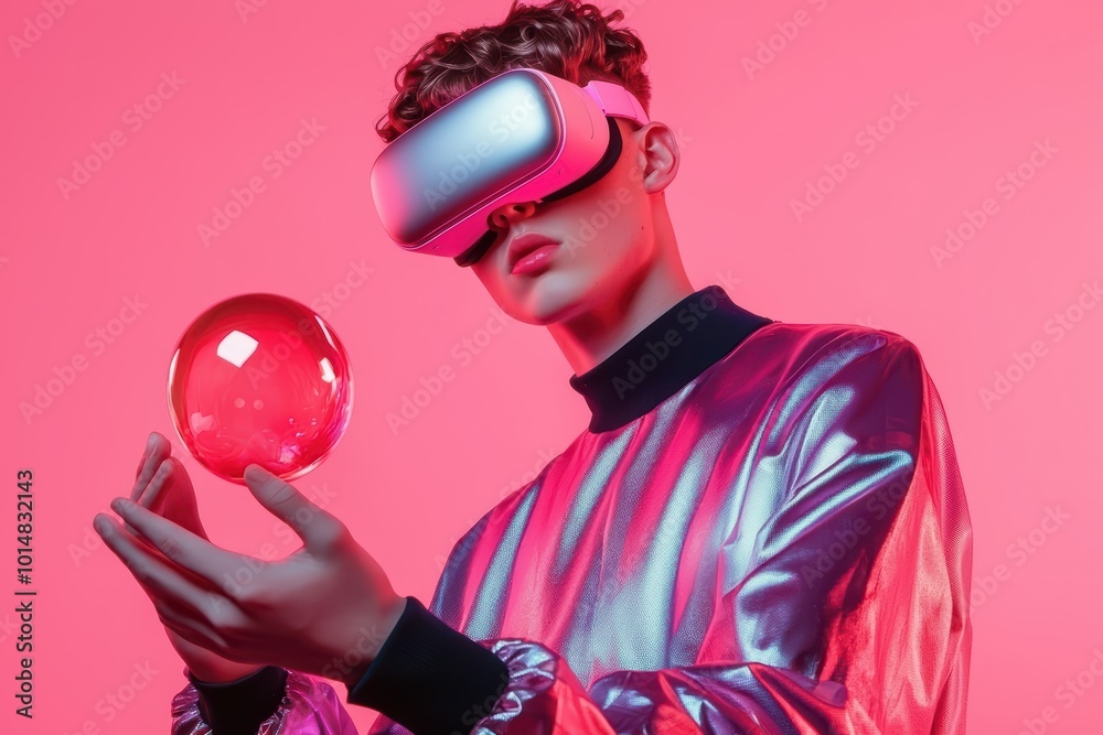 Fototapeta premium A young person wearing virtual reality goggles, holding a glowing orb, set against a vibrant pink background, showcasing futuristic technology.