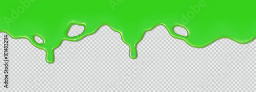 Green flowing toxic slime. Liquid wave of paint or sauce on transparent background. 3d realistic vector illustration. Halloween design. Flowing molten clot. Top horizontal border of the frame