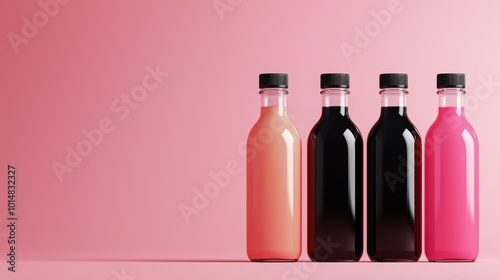 Colorful Bottles with Liquid on Pink Background