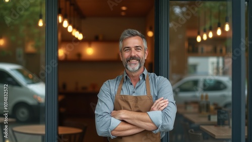 A cheerful cafe owner in an apron standing confidently in the doorway of his cafe. The scene emphasizes small business ownership, hospitality, and a welcoming atmosphere.