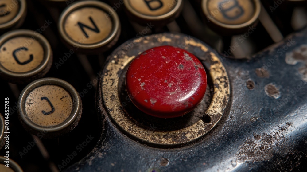A close-up of a red button on a vintage typewriter, capturing intricate details of the metal and wear marks. A close-up of a red button on a vintage typewriter, capturing intricate details of the metal and wear marks.