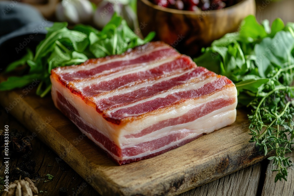 Bacon on the wooden background with salad leaves - generative ai Bacon on the wooden background with salad leaves - generative ai