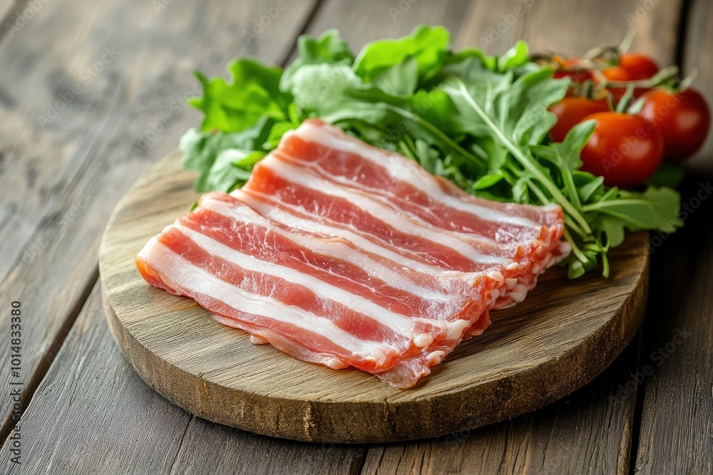 Bacon on the wooden background with salad leaves - generative ai Bacon on the wooden background with salad leaves - generative ai