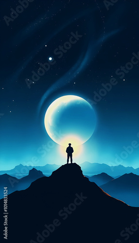 A Man Standing on a Mountain Peak and looking at the others Planet