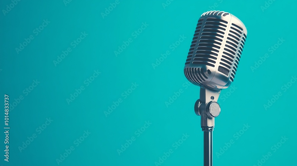 Fototapeta premium A vintage microphone on a stand against a teal background.