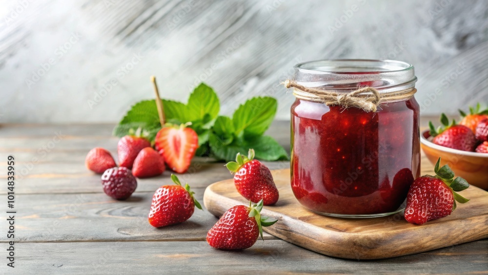 Fresh homemade strawberry jam in glass jar on light background, strawberry, jam, glass jar, homemade, preserve, fruity Fresh homemade strawberry jam in glass jar on light background, strawberry, jam, glass jar, homemade, preserve, fruity