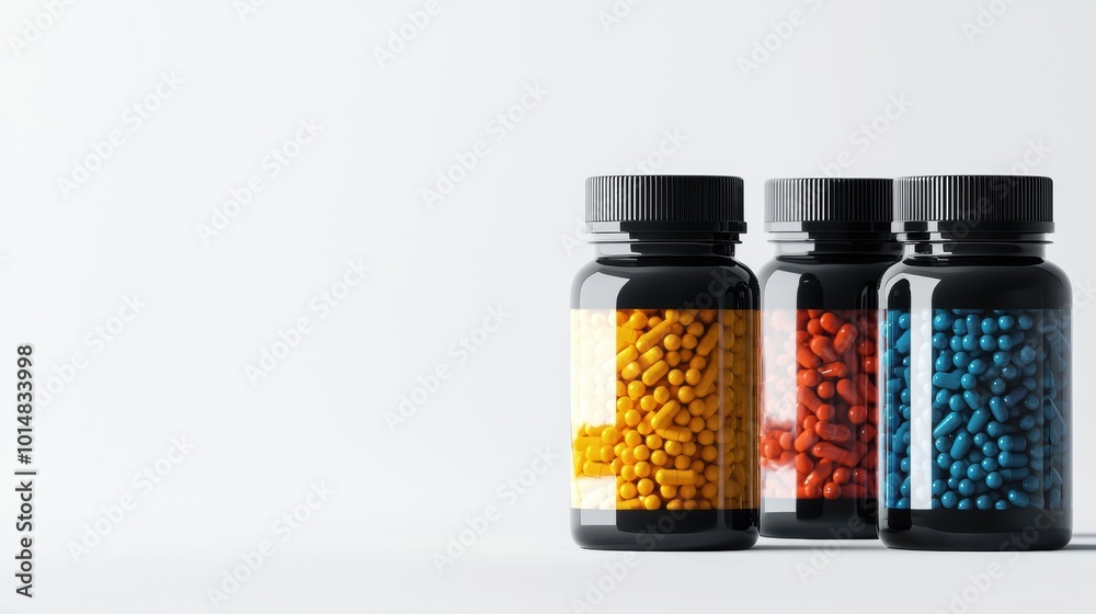 Blank jars of colorful pills in a clean lab setting Blank jars of colorful pills in a clean lab setting