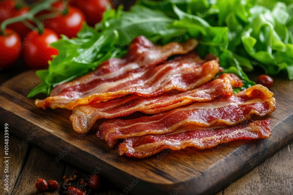 Bacon on the wooden background with salad leaves - generative ai Bacon on the wooden background with salad leaves - generative ai