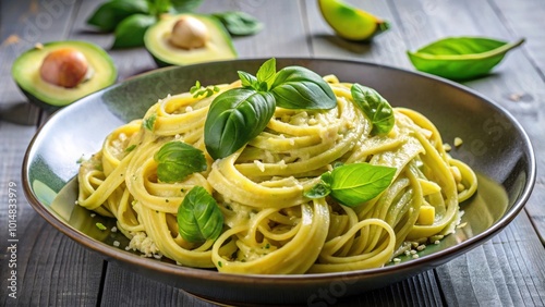 Creamy avocado pasta topped with parmesan cheese and fresh basil, a luxurious and gourmet dish , gourmet, high-end, creamy