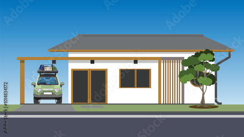 Vector or illustration of a private minimal house with a garage and a travel car. Background of tree front of house. Background of blue sky. Front gound of asphalt road.
