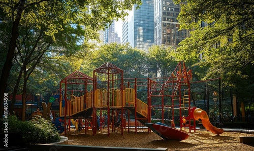 Urban playground with tall buildings in the background.