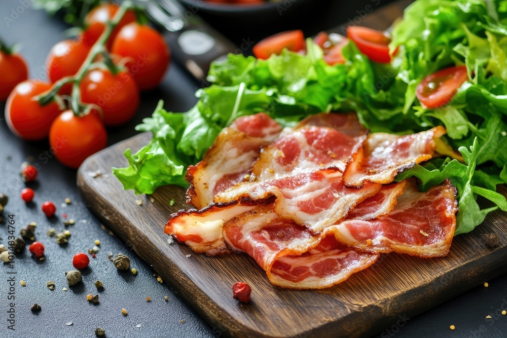 Bacon on the wooden background with salad leaves - generative ai Bacon on the wooden background with salad leaves - generative ai