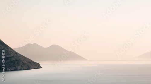 Minimalist landscape with distant mountain silhouettes and soft tones, ideal for peaceful designs, nature backgrounds, and tranquil visual concepts