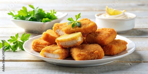 Fried fish fillet nuggets on a white plate , crunchy, breaded, seafood, delicious, appetizer, golden, crispy, meal, tasty, fried