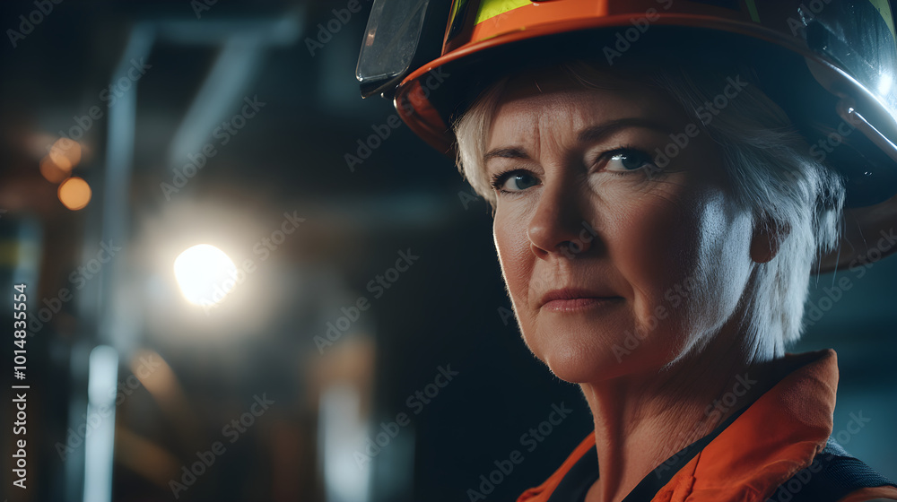 Confident middle-aged woman wearing safety gear and a helmet, looking calmly at the camera with determination in a professional environment Confident middle-aged woman wearing safety gear and a helmet, looking calmly at the camera with determination in a professional environment