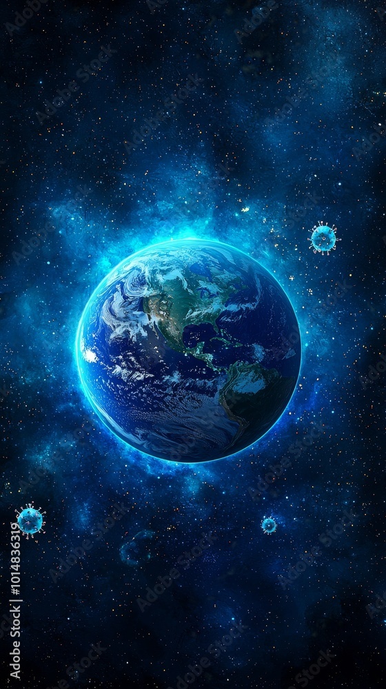 Fototapeta premium Abstract watercolor Earth, surrounded by floating virus particles glowing in ethereal light, [planetary tension], [cosmic interaction].