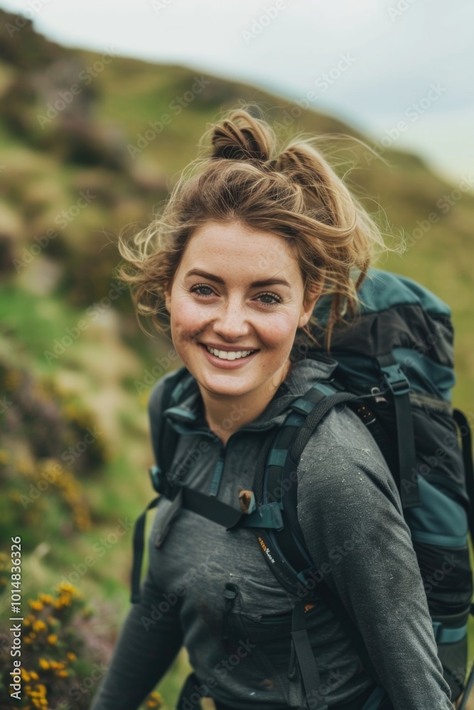 A happy woman smiling while carrying a backpack on her adventure A happy woman smiling while carrying a backpack on her adventure