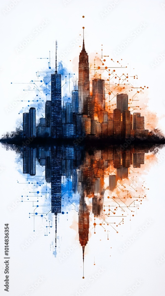 Obraz premium Abstract watercolor city view, with flowing brushstrokes interwoven with digital financial chart patterns, [blending art and economy], [monetary flow].