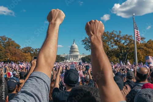 Rally in the elections in the United States. A crowd of people are holding up their hands in the air in front of the U.S