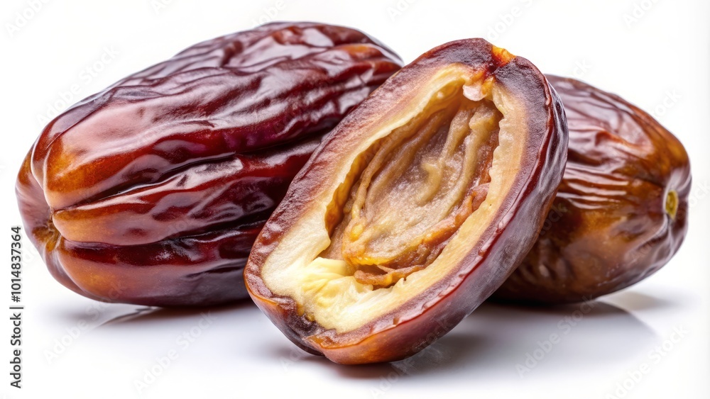 High Dynamic Range Image of Big Ripe Dates Cut in Half with Core Isolated on White Background for High Dynamic Range Image of Big Ripe Dates Cut in Half with Core Isolated on White Background for