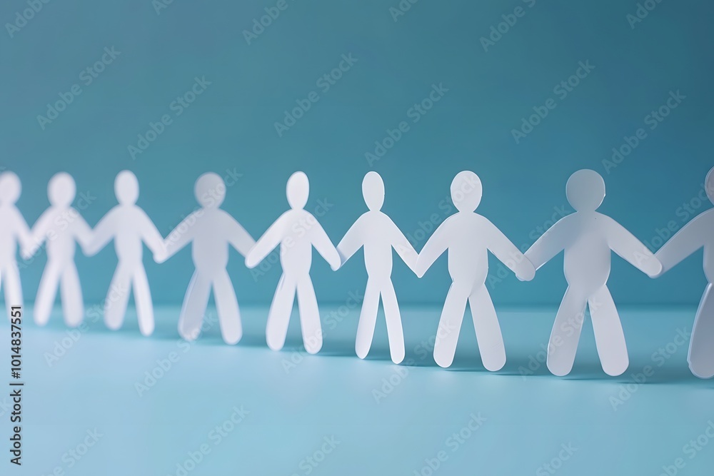 Paper People Holding Hands in a Line on Blue Background Paper People Holding Hands in a Line on Blue Background