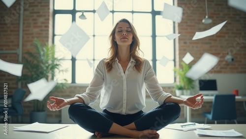 A businesswoman meditating in a modern office with papers floating around her, symbolizing calmness and balance in a chaotic work environment. The scene highlights mindfulness and stress relief. photo