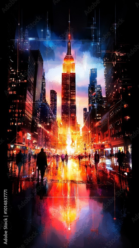 Naklejka premium Ethereal watercolor cityscape with holographic grids connecting the buildings, [urban hologram], [futuristic connections].