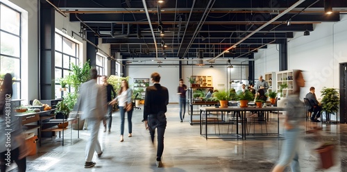 People Moving Through a Modern Open Plan Office with Greenery