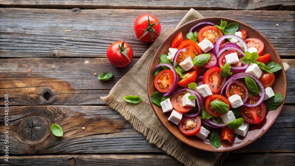 Fresh tomato, red onion and feta salad on weathered wooden camping table, fresh, tomato, red onion, feta, salad, weathered Fresh tomato, red onion and feta salad on weathered wooden camping table, fresh, tomato, red onion, feta, salad, weathered