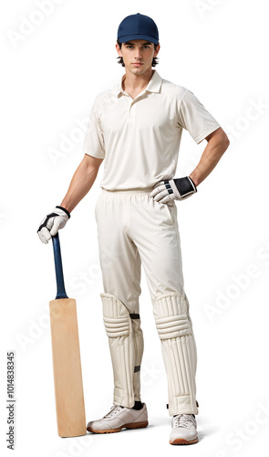 Obraz na płótnie Pro cricket full body portrait with his bat in full white uniform on isolated background w salonie
