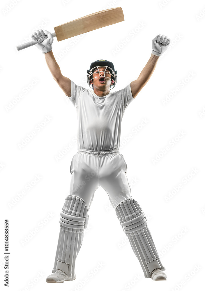Cricket player doing a celebration pose with his two hands up while holding a bat