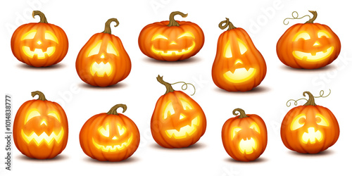 Illuminated jack-o-lanterns with scary grimaces realistic color icons set. Traditional Halloween pumpkins symbols 3d characters bundle