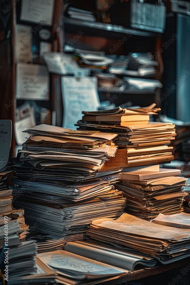 A stack of papers and documents placed on a desk, possibly awaiting attention or action A stack of papers and documents placed on a desk, possibly awaiting attention or action
