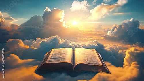 Bible in heaven clouds with beam of light breaking through the clouds, illuminating an open bible with light rays spreading out. with the title boldly placed in the center. Holy Cristian concept 4k